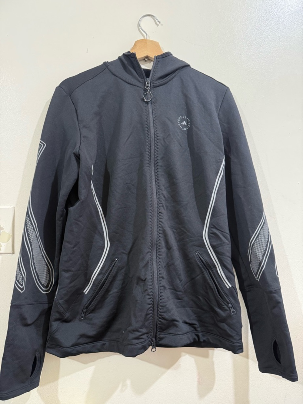 Adidas by Stella McCartney Black Hooded Performance Jacket with White Accents
